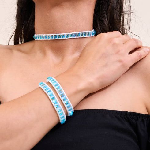 Aigue-marine | Verre Sirène | Bracelet Wrap Lin Blanc